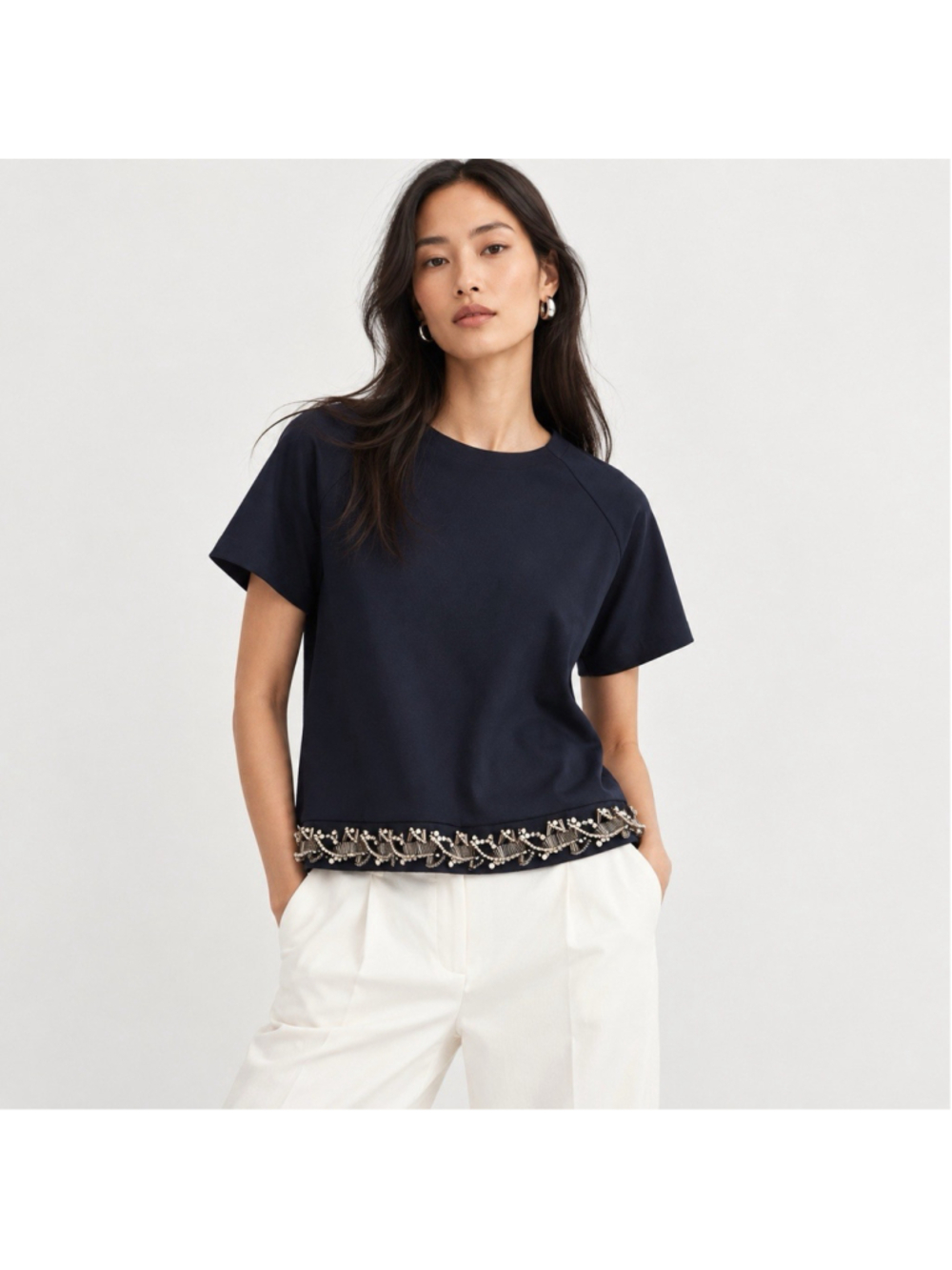 3.1 Phillip Lim Navy Beaded Embellished Rhinestone Hem Top 4